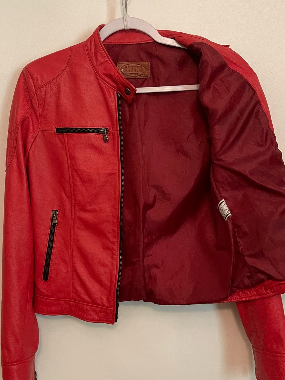 Vtg Norma Della Legge Red Leather Cropped Moto Jacket Made in Italy 44 US M flaw - Picture 7 of 12